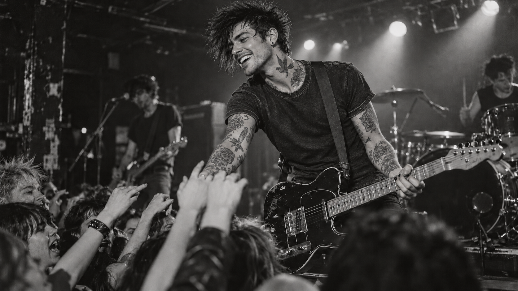 Fictional male guitarist with a punk haircut and neck tattoos connecting with fans during a live show